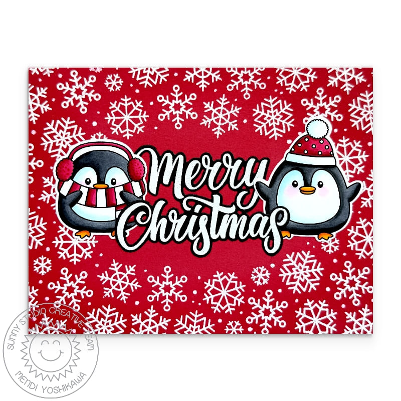 Sunny Studio Roly Poly Penguins Red & White Snowflake Handmade Christmas Card using Holiday Tags & Labels Clear Craft Stamps