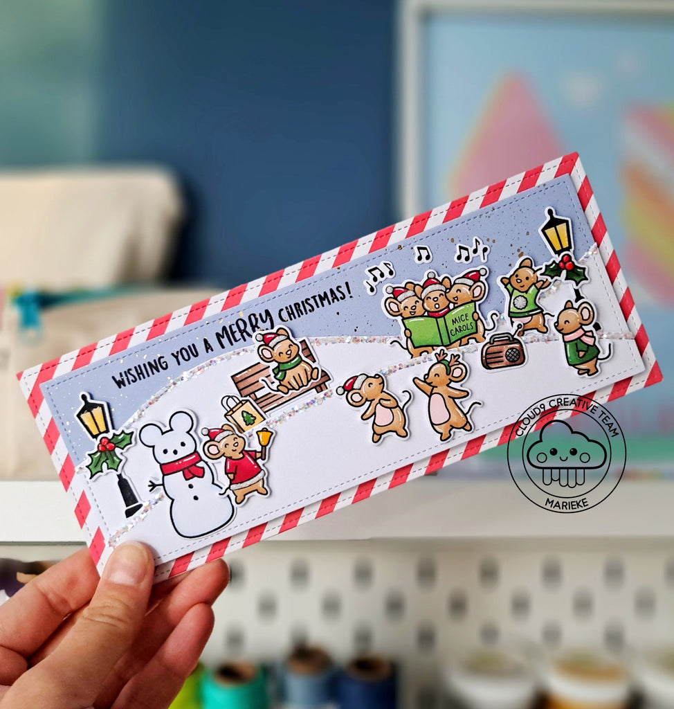Slimline Christmas Card feat. Lawn Fawn Caroling Mice