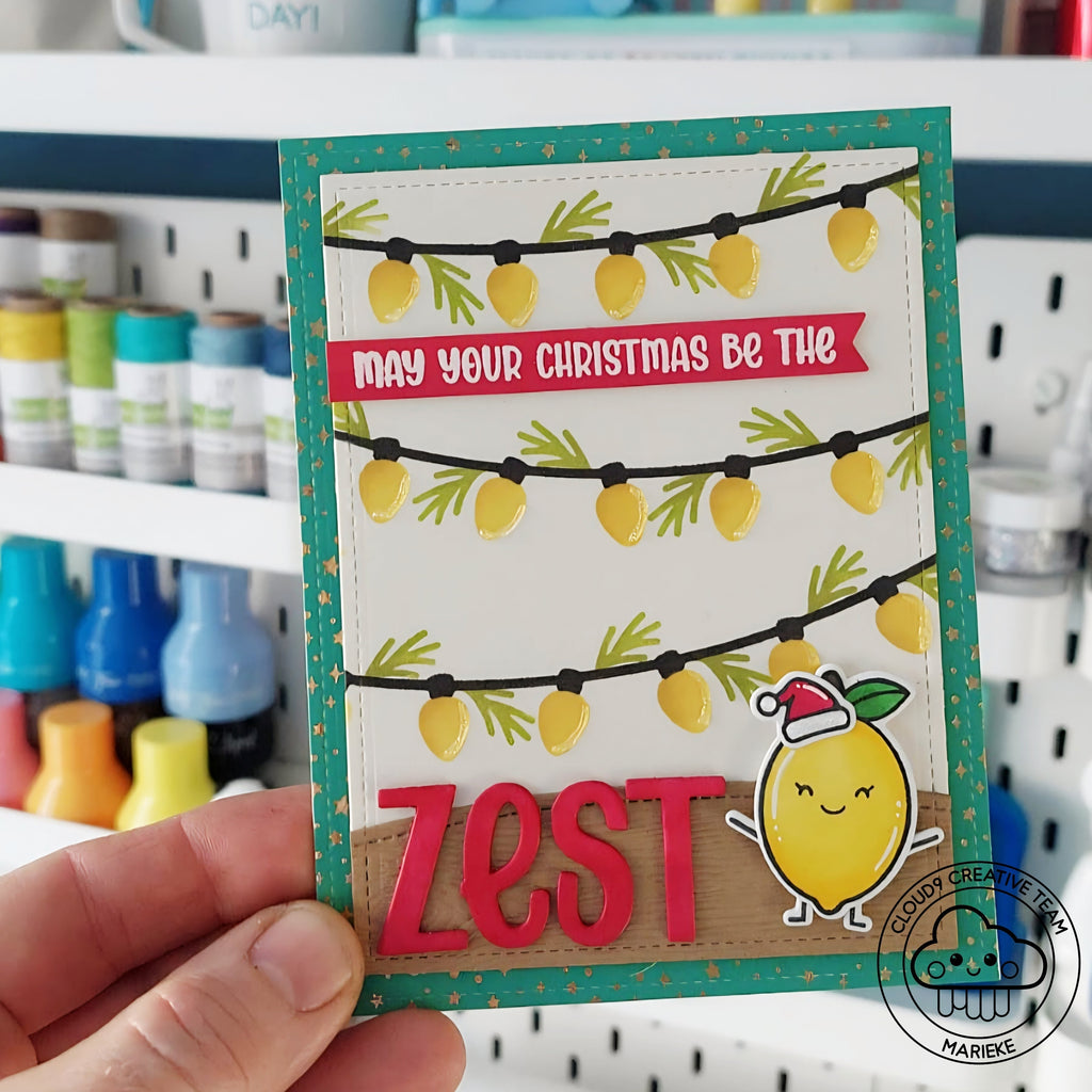 Fruity Christmas Card feat. Lawn Fawn String Of Lights Background Stencils