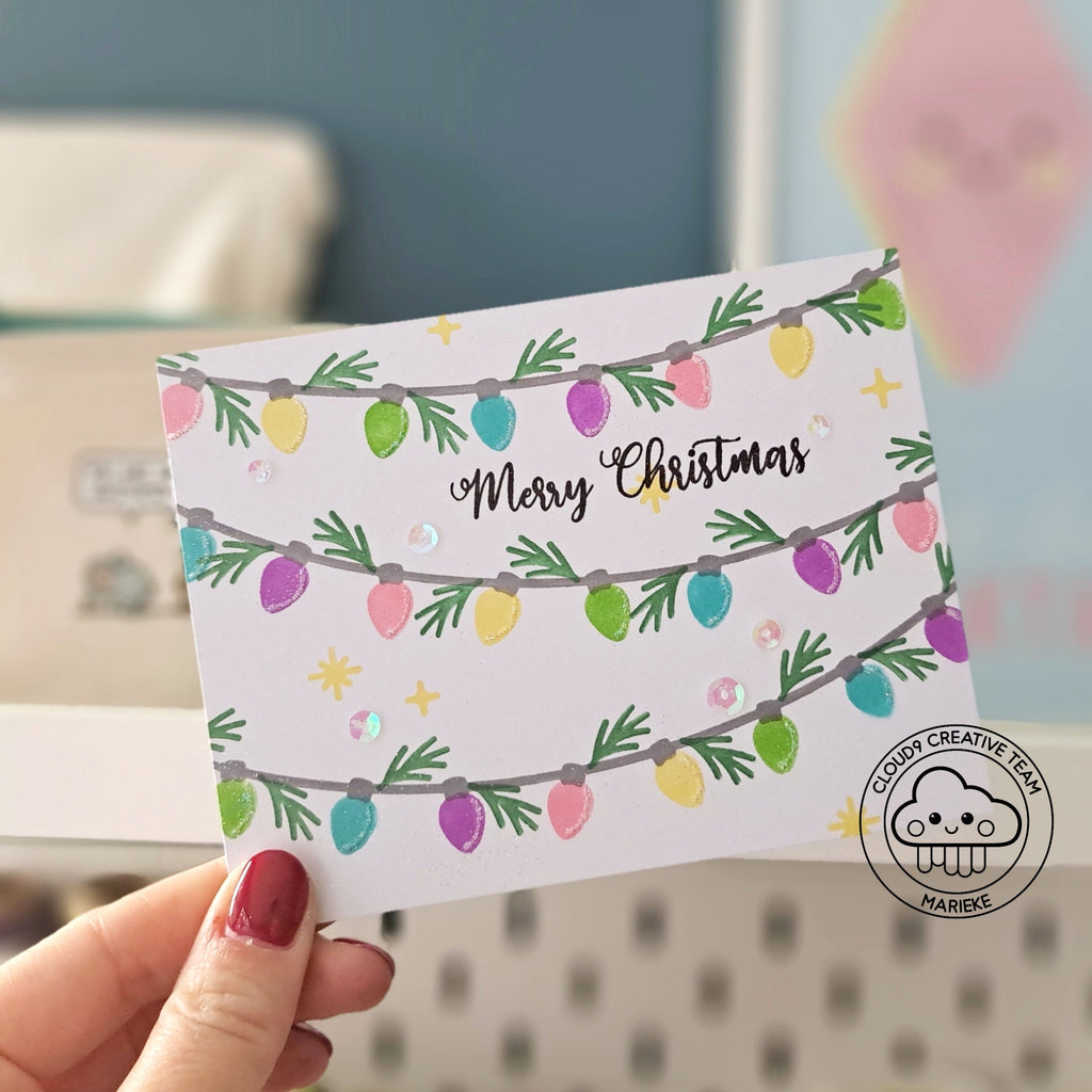 Christmas Card feat. Lawn Fawn String Of Lights Background Stencils