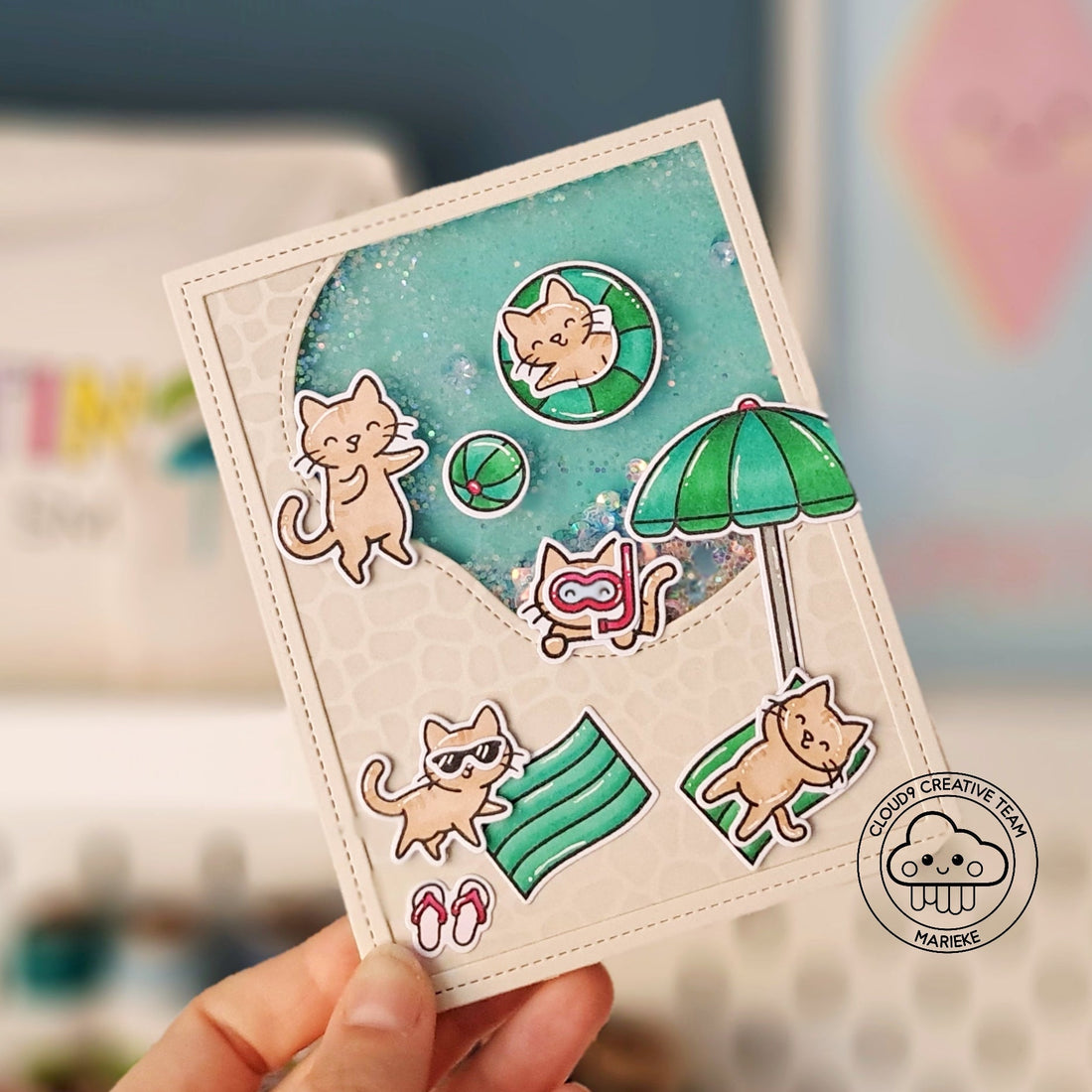 Summer Shaker Card feat. Lawn Fawn Stitched Pond Frame