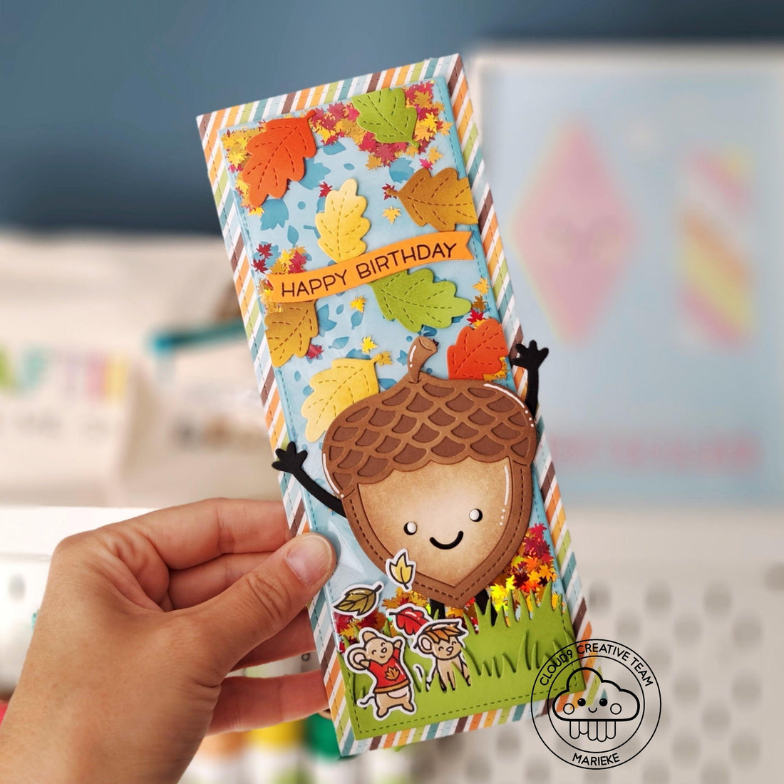Fall Themed Birthday Card feat. Lawn Fawn Outside In Stitched Acorn