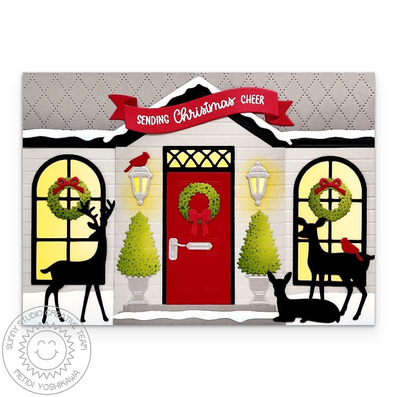 Sunny Studio Holiday House Home and Deer Handmade Christmas Card using Build-a-Greeting Holidays Clear Sentiment Craft Stamps