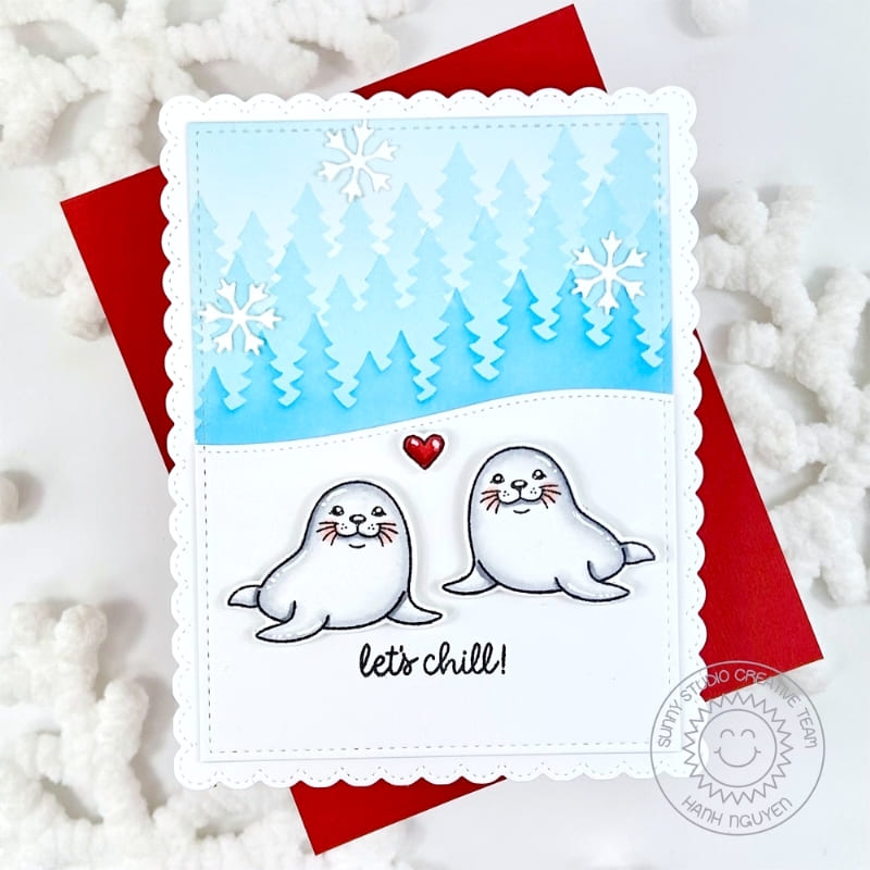 Sunny Studio White Snow Seals with Blue Winter Trees & Snowflakes Scalloped Holiday Card using Let's Chill Clear Craft Stamps