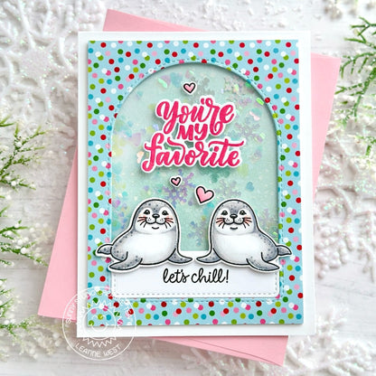 Sunny Studio You're My Favorite Seals Stitched Arch Winter Holiday Snowflake Shaker Card using Let's Chill Clear Craft Stamps