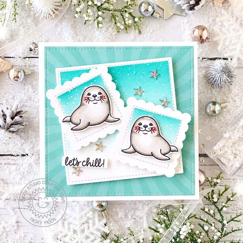 Sunny Studio Snow Seals Star Jewels Aqua Stitched Scalloped Square Winter Holiday Card using Let's Chill Clear Craft Stamps
