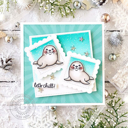 Sunny Studio Snow Seals Star Jewels Aqua Stitched Scalloped Square Winter Holiday Card using Let's Chill Clear Craft Stamps