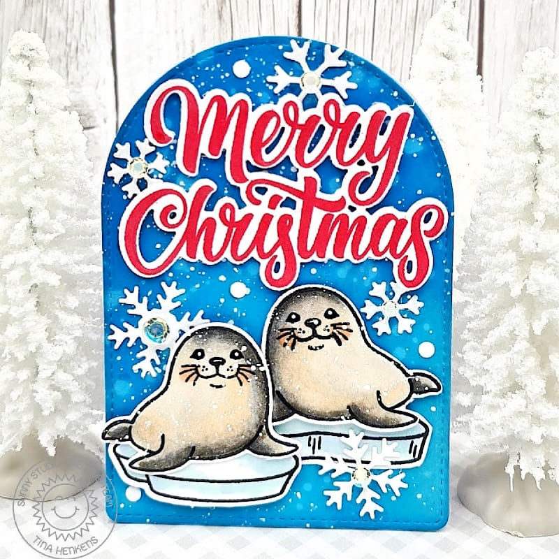 Sunny Studio Red, White, and Blue Snow Seals Merry Christmas Stitched Arch Winter Holiday Card using Let's Chill Clear Stamps