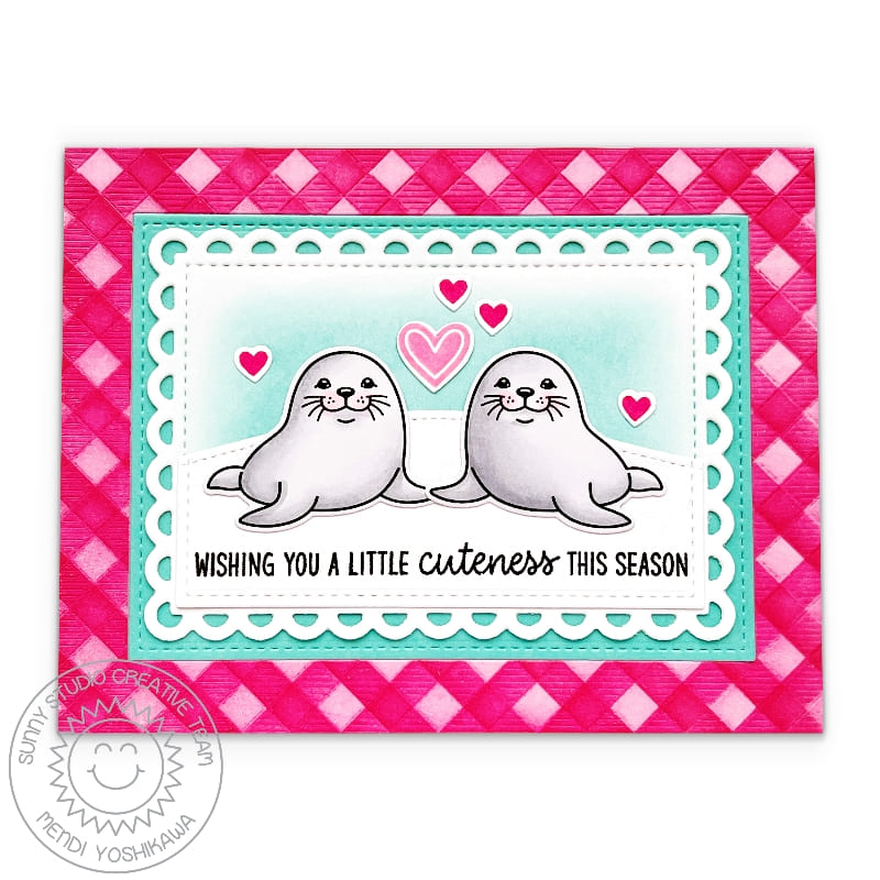 Sunny Studio Wishing You Cuteness This Season Snow Seals Scalloped Winter Holiday Card using Let's Chill Clear Craft Stamps