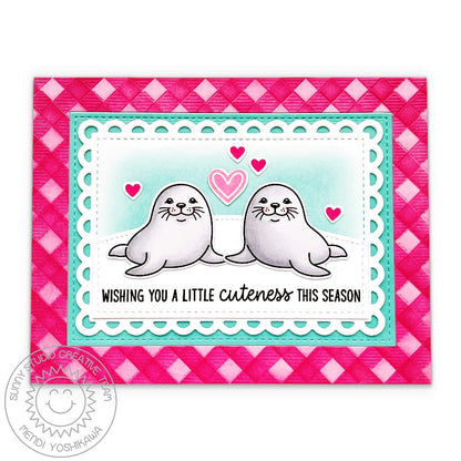 Sunny Studio Wishing You Cuteness This Season Snow Seals Scalloped Winter Holiday Card using Let's Chill Clear Craft Stamps