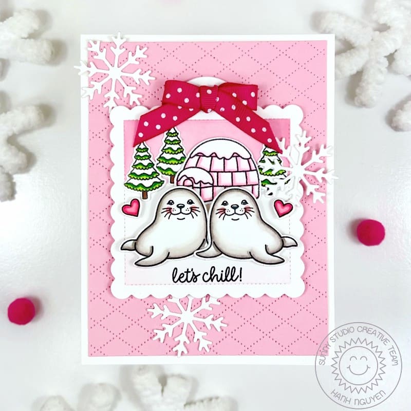 Sunny Studio Seals with Igloo & Snowflakes Pink Handmade Holiday Christmas Card using Let's Chill 2x3 Mini Clear Craft Stamps