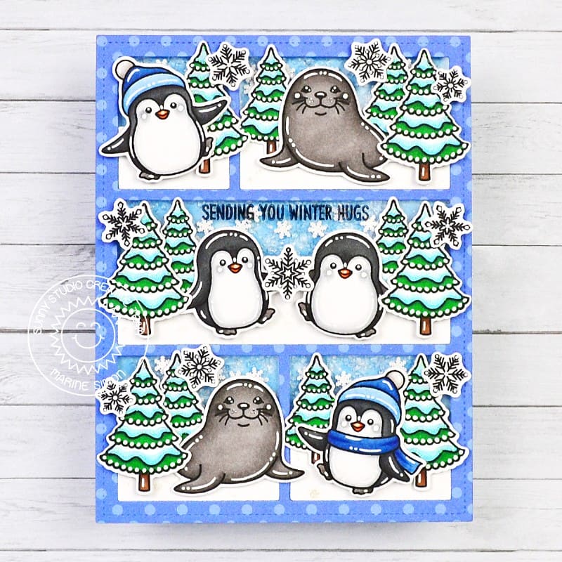 Sunny Studio "Sending Winter Hugs" Penguins & Seals Polar Winter Holiday Christmas Card using Let's Chill Clear Craft Stamps