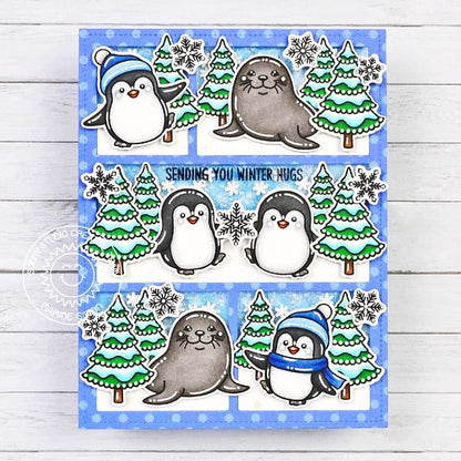 Sunny Studio "Sending Winter Hugs" Penguins & Seals Polar Winter Holiday Christmas Card using Let's Chill Clear Craft Stamps