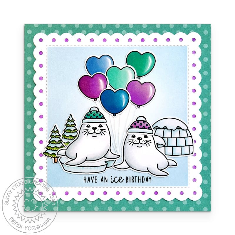 Sunny Studio Punny White Seal Scalloped Square Winter Holiday Birthday Card using Let's Chill 2x3 Mini Clear Craft Stamps