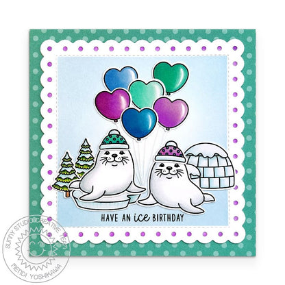 Sunny Studio Punny White Seal Scalloped Square Winter Holiday Birthday Card using Let's Chill 2x3 Mini Clear Craft Stamps
