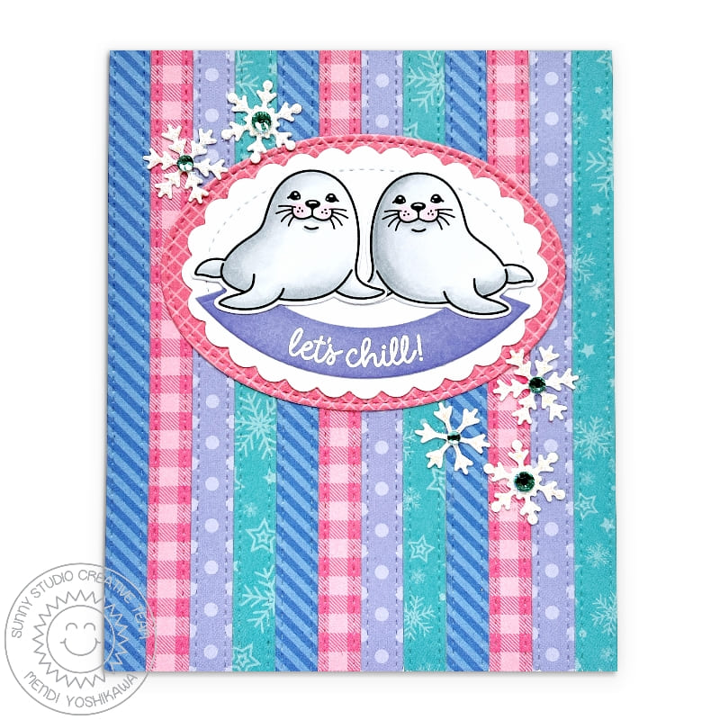 Sunny Studio Snow Seals Scalloped Oval Stitched Striped Snowflake Winter Holiday Card using Let's Chill Clear Craft Stamps
