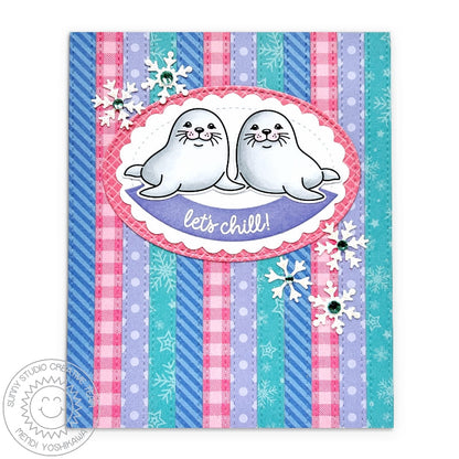 Sunny Studio Snow Seals Scalloped Oval Stitched Striped Snowflake Winter Holiday Card using Let's Chill Clear Craft Stamps