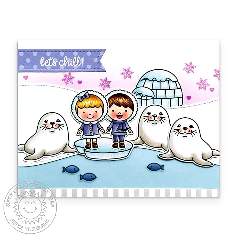 Sunny Studio White Snow Seals with Bundled Up Boy & Girl with Igloo Winter Holiday Card using Let's Chill Clear Craft Stamps
