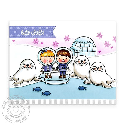 Sunny Studio White Snow Seals with Bundled Up Boy & Girl with Igloo Winter Holiday Card using Let's Chill Clear Craft Stamps