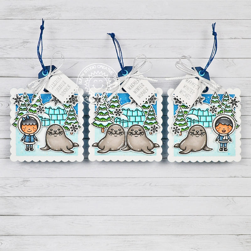 Sunny Studio Navy Blue & Aqua Boy, Girl & Seals Warm Winter Wishes Holiday Gift Tags using Let's Chill Clear Craft Stamps