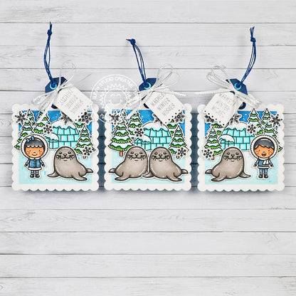 Sunny Studio Navy Blue & Aqua Boy, Girl & Seals Warm Winter Wishes Holiday Gift Tags using Let's Chill Clear Craft Stamps