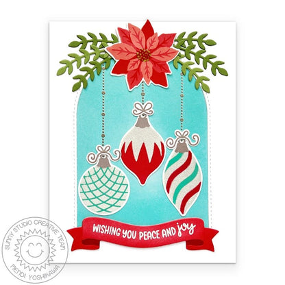 Sunny Studio Peace & Joy Vintage Ornaments Christmas Card using Build-a-Greeting Holidays 4x6 Clear Sentiment Craft Stamps