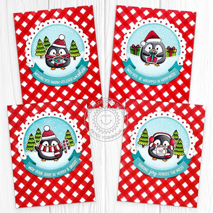 Sunny Studio Penguins Red Gingham Christmas Cards using Roly Poly Penguins & Build-a-Greeting Holidays Clear Sentiment Stamps