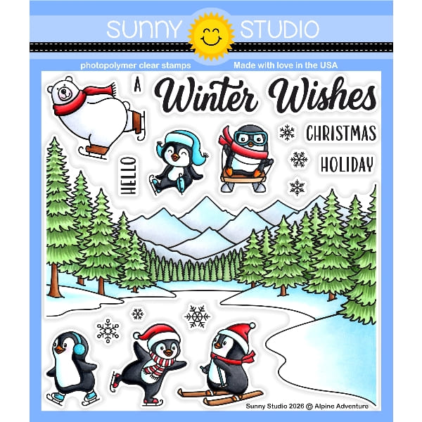 Sunny Studio Alpine Adventure 6x6 Clear Photopolymer Craft Stamps featuring Snowy Fir Trees, Mountains, Polar Bear & Penguins