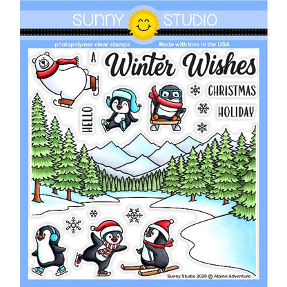Sunny Studio Alpine Adventure 6x6 Clear Photopolymer Craft Stamps featuring Snowy Fir Trees, Mountains, Polar Bear & Penguins