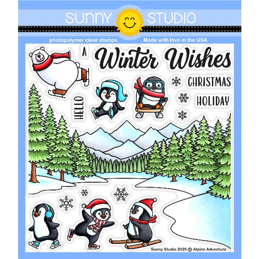 Sunny Studio Alpine Adventure 6x6 Clear Photopolymer Craft Stamps featuring Snowy Fir Trees, Mountains, Polar Bear & Penguins