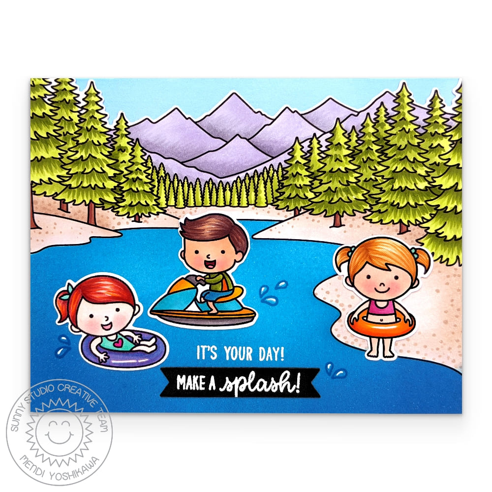 Sunny Studio Beach Babies Kids Playing in Lake Outdoor Scene DIY Birthday Card using Alpine Adventure 6x6 Clear Craft Stamps