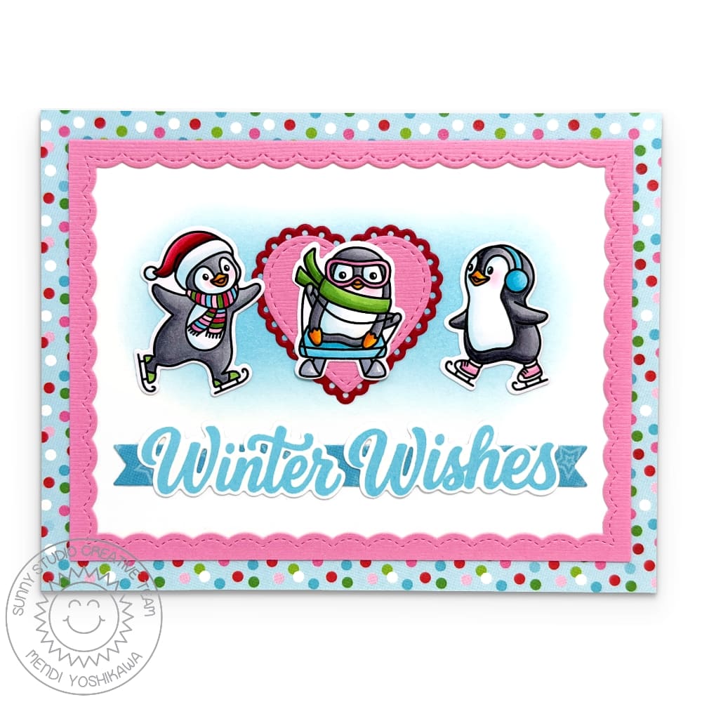 Sunny Studio Ice Skating Penguins Pink & Aqua DIY Winter Holiday Christmas Card using Alpine Adventure 6x6 Clear Craft Stamps