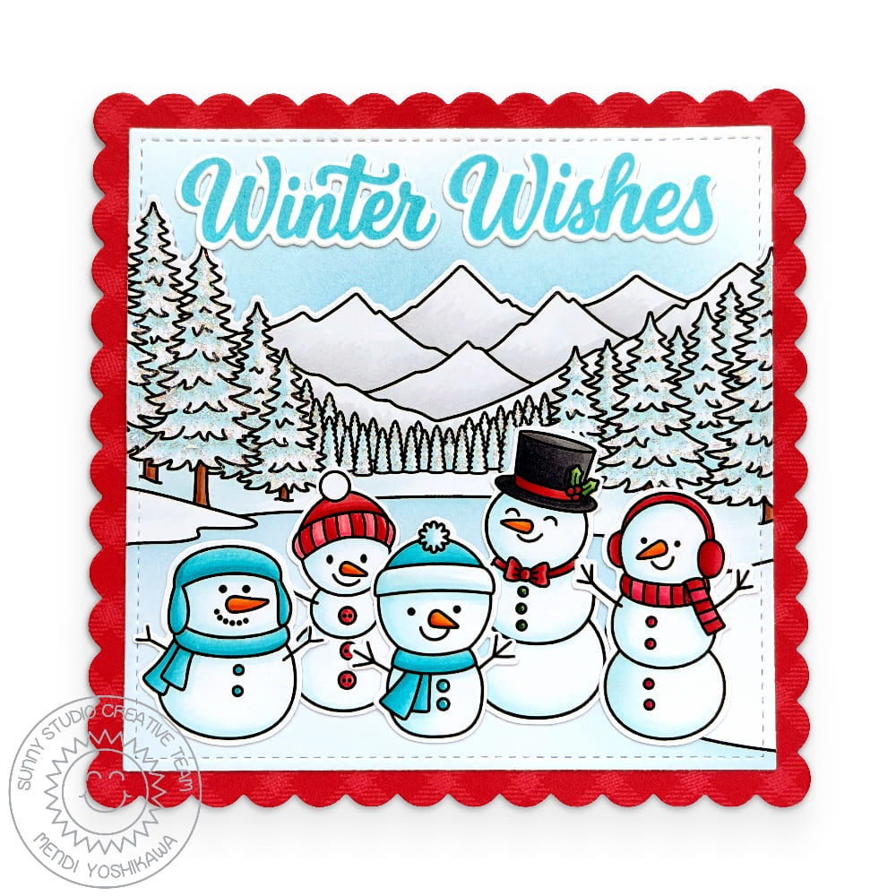 Sunny Studio Winter Wishes Snowmen Snowman Snowy Scene Holiday Christmas Card using Alpine Adventure 6x6 Clear Craft Stamps