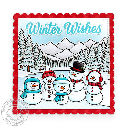 Sunny Studio Winter Wishes Snowmen Snowman Snowy Scene Holiday Christmas Card using Alpine Adventure 6x6 Clear Craft Stamps