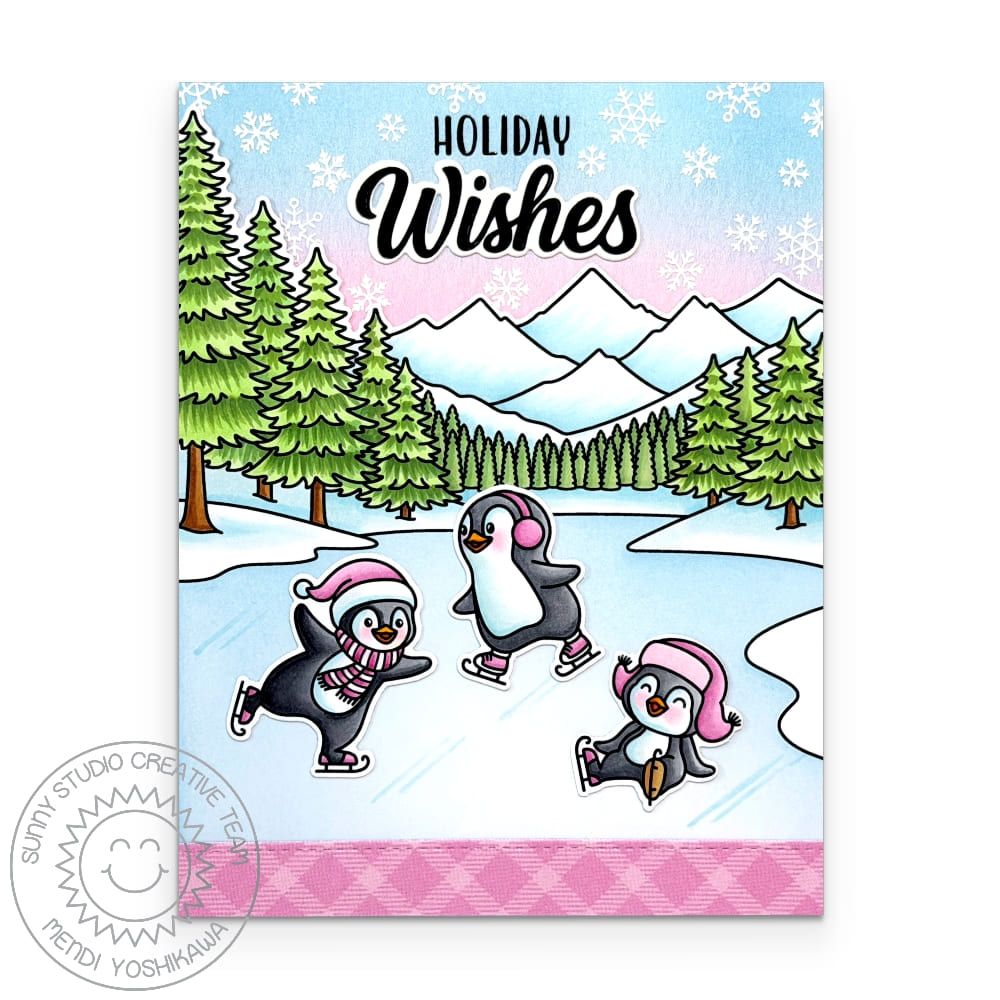 Sunny Studio Penguins Ice Skating Pink Handmade Winter Holiday Christmas Card using Alpine Adventure 6x6 Clear Craft Stamps