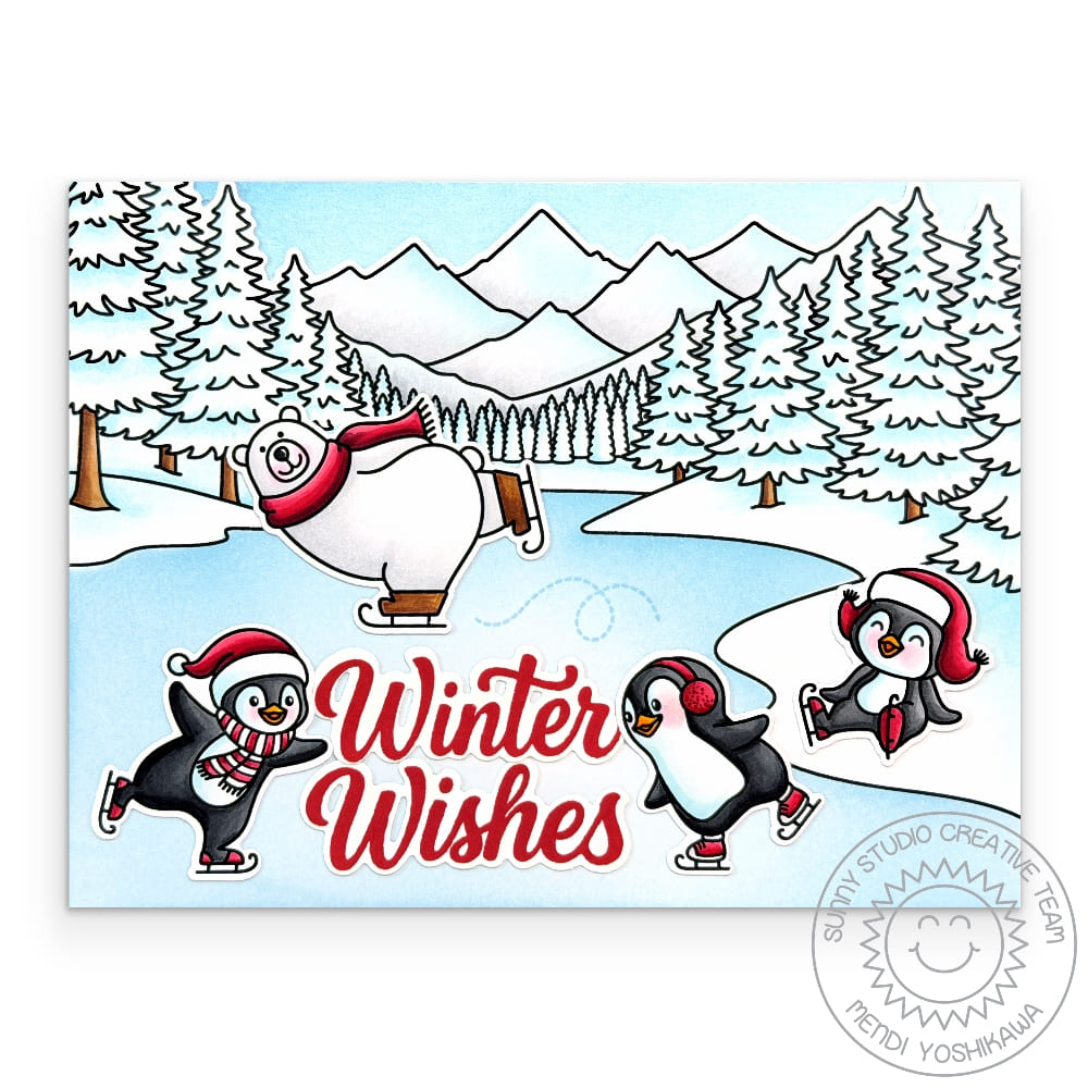 Sunny Studio Penguins & Polar Bear Ice Skating Winter Holiday Scene Christmas Cards using Alpine Adventure Clear Craft Stamps
