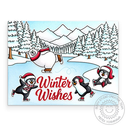 Sunny Studio Penguins & Polar Bear Ice Skating Winter Holiday Scene Christmas Cards using Alpine Adventure Clear Craft Stamps
