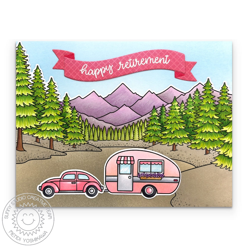 Sunny Studio Car Pulling Retro Pink Trailer Happy Retirement Outdoor Scene Card using Alpine Adventure 6x6 Clear Craft Stamps