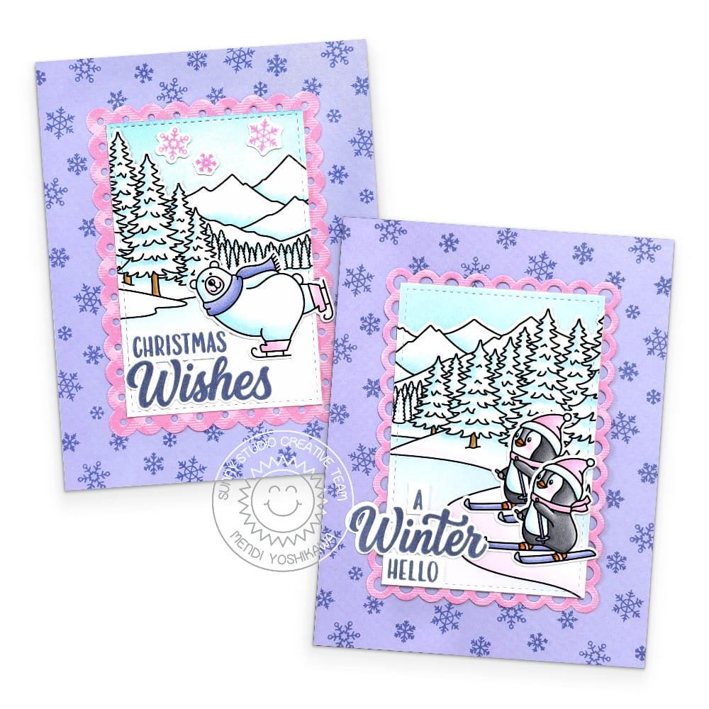 Sunny Studio Polar Bear & Penguins Snowy Winter Holiday Scene Christmas Cards using Alpine Adventure 6x6 Clear Craft Stamps