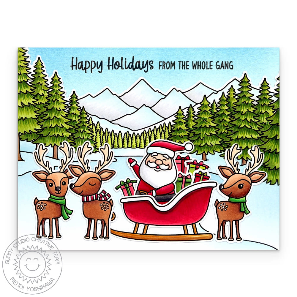 Sunny Studio Santa Claus in Sleigh with Reindeer Snowy Holiday Christmas Card using Alpine Adventure 6x6 Clear Craft Stamps