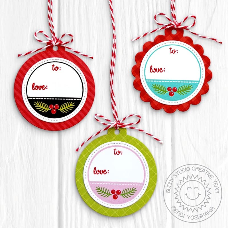 Sunny Studio Red, Pink, & Aqua Sprigs & Berries Handmade Christmas Tags using Holiday Tags & Labels Clear Craft Stamps & Dies