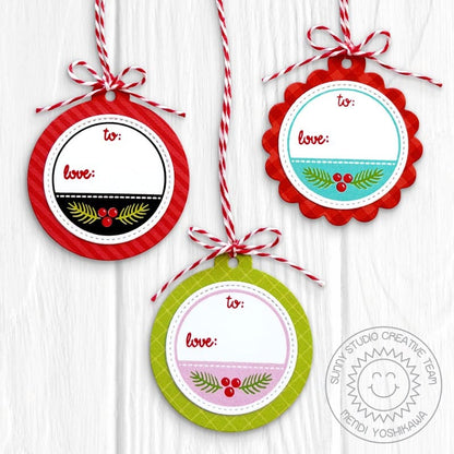 Sunny Studio Red, Pink, & Aqua Sprigs & Berries Handmade Christmas Tags using Holiday Tags & Labels Clear Craft Stamps & Dies
