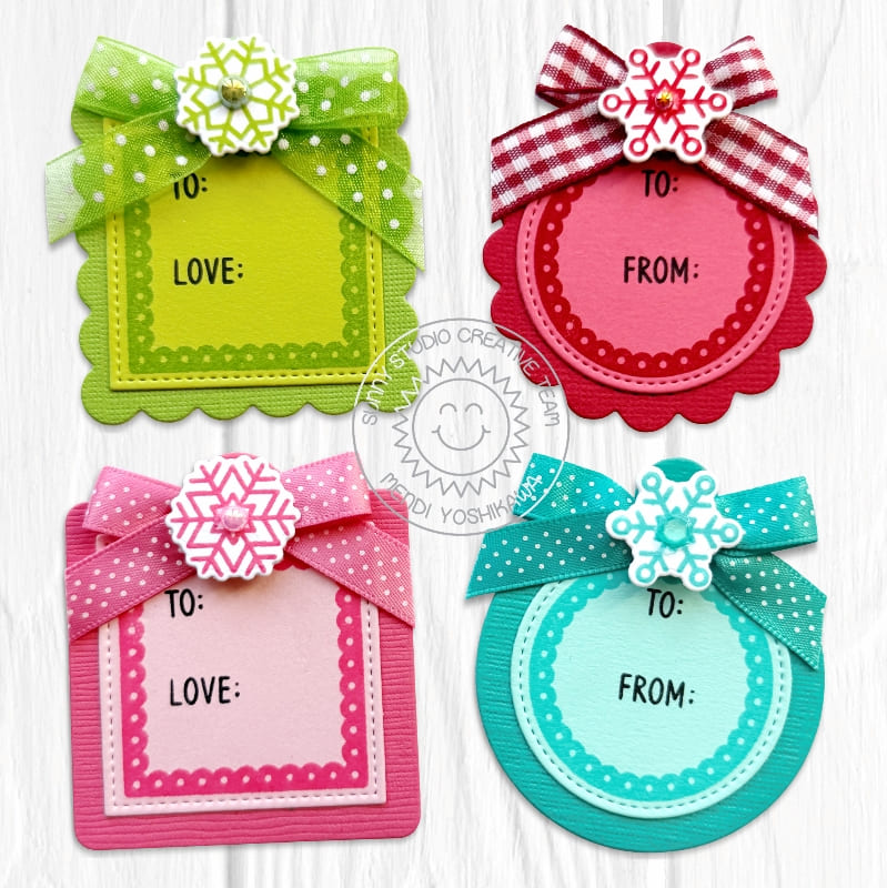 Sunny Studio Red, Pink, Aqua, & Green Monochromatic Christmas Gift Tags using Holiday Tags & Labels Clear Craft Stamps & Dies