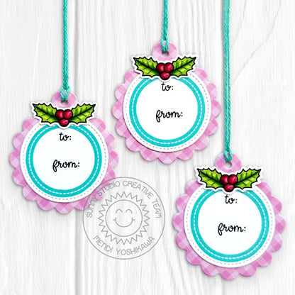 Sunny Studio Aqua & Pink Gingham Handmade Holly Christmas Tags using Holiday Tags & Labels Clear Craft Stamps & Dies
