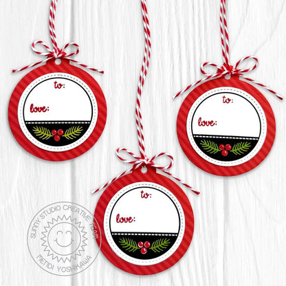 Sunny Studio Red, Black & White Sprigs & Berries Handmade Christmas Tags using Holiday Tags & Labels Clear Craft Stamps & Die
