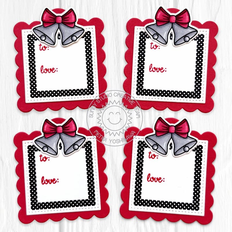 Sunny Studio Red, Black & White Dot Silver Bells Christmas Gift Tags using Holiday Tags & Labels Clear Craft Stamps & Dies