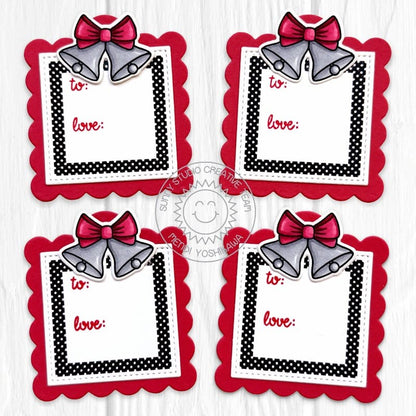 Sunny Studio Red, Black & White Dot Silver Bells Christmas Gift Tags using Holiday Tags & Labels Clear Craft Stamps & Dies