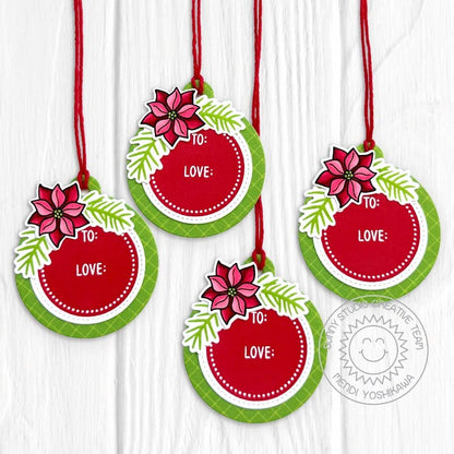 Sunny Studio Red & Green Poinsettia Handmade Scalloped Christmas Tags using Holiday Tags & Labels Clear Craft Stamps & Dies