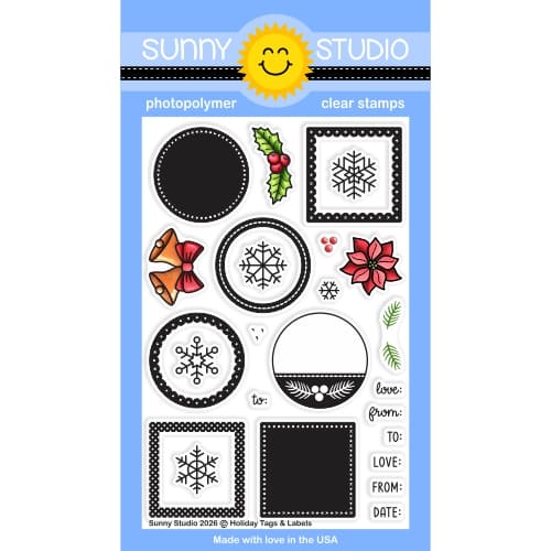 Sunny Studio Holiday Tags & Labels Christmas Square & Circle Clear Craft Stamps with Holly, Poinsettia, Bells, and Snowflakes