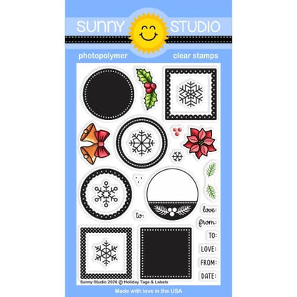 Sunny Studio Holiday Tags & Labels Christmas Square & Circle Clear Craft Stamps with Holly, Poinsettia, Bells, and Snowflakes